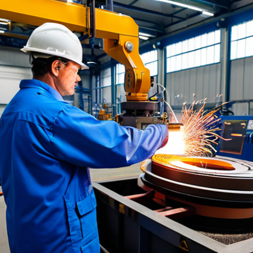 Home 17 A professional engineer in a modest industrial uniform, observing advanced induction heating coils in a state-of-the-art manufacturing plant. Sparks of concentrated heat glow around a metal component being processed by precise robotic arms. The factory floor is clean and well-lit, emphasizing high efficiency and automation. This image is safe for work, appropriate content, fully clothed, professional, perfect anatomy, correct proportions, well-formed hands, proper finger count, natural body proportions, high-quality industrial photography.