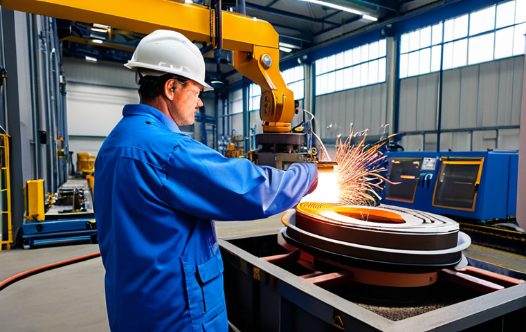 A professional engineer in a modest industrial uniform, observing advanced induction heating coils in a state-of-the-art manufacturing plant. Sparks of concentrated heat glow around a metal component being processed by precise robotic arms. The factory floor is clean and well-lit, emphasizing high efficiency and automation. This image is safe for work, appropriate content, fully clothed, professional, perfect anatomy, correct proportions, well-formed hands, proper finger count, natural body proportions, high-quality industrial photography.