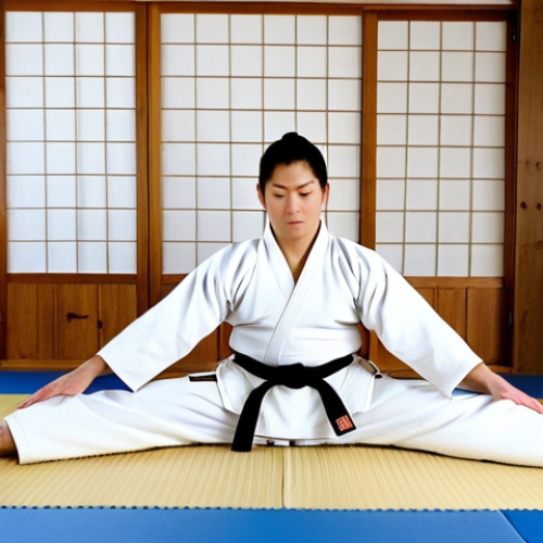 Home 16 Judo Practitioner Stretching**
"A fully clothed Judo practitioner in a clean, well-lit dojo, performing a seated forward fold stretch to improve hamstring flexibility. Appropriate attire, focused expression, perfect anatomy, correct proportions, natural pose, safe for work, professional, family-friendly, appropriate content. Background shows traditional Japanese decor. High quality, detailed."
**