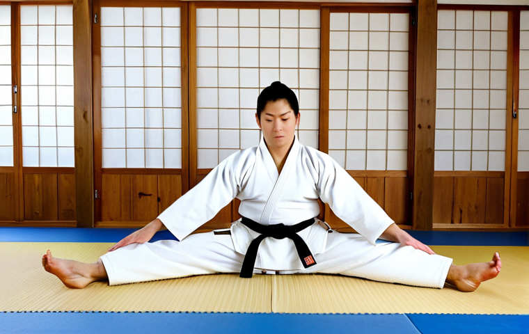 Judo Practitioner Stretching**
"A fully clothed Judo practitioner in a clean, well-lit dojo, performing a seated forward fold stretch to improve hamstring flexibility. Appropriate attire, focused expression, perfect anatomy, correct proportions, natural pose, safe for work, professional, family-friendly, appropriate content. Background shows traditional Japanese decor. High quality, detailed."
**