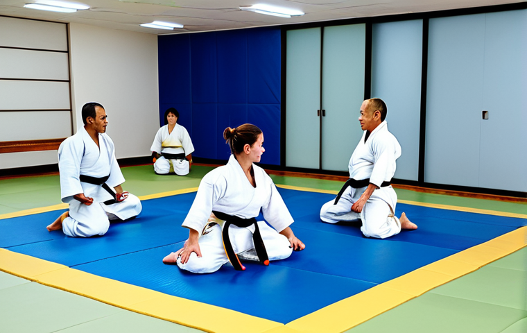 유도 강습 가격 비교 - Dojo Training Session**
"A diverse group of adults practicing Judo throws in a bright, clean dojo. ...