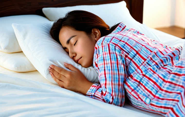 유도 선호 매트 브랜드 - Memory Foam Comfort**
"A woman comfortably sleeping on a memory foam mattress, fully clothed in paj...