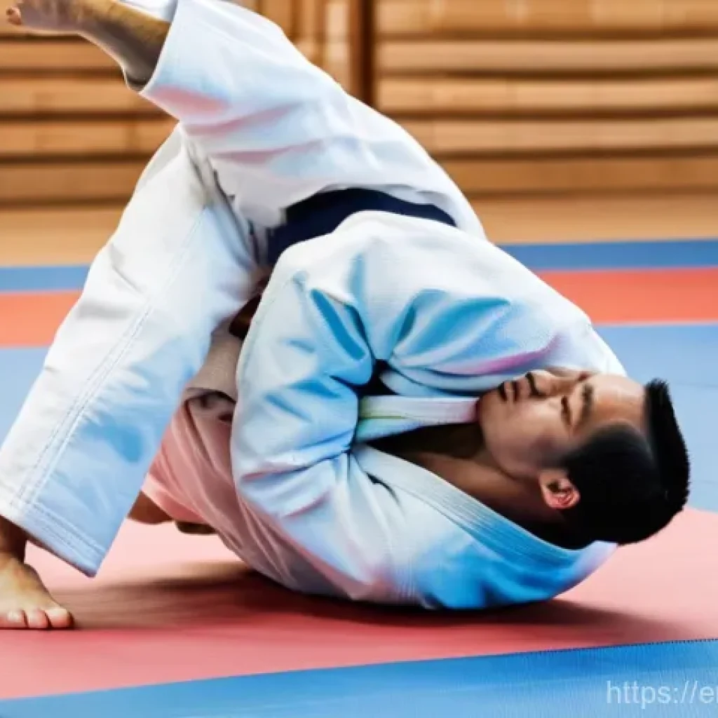 유도와 생활 방어술 - **Prompt:** A female Judo practitioner, mid-20s, with a strong, focused expression, executing a grac...