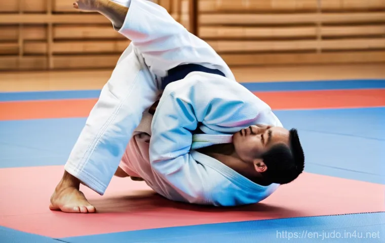 유도와 생활 방어술 - **Prompt:** A female Judo practitioner, mid-20s, with a strong, focused expression, executing a grac...