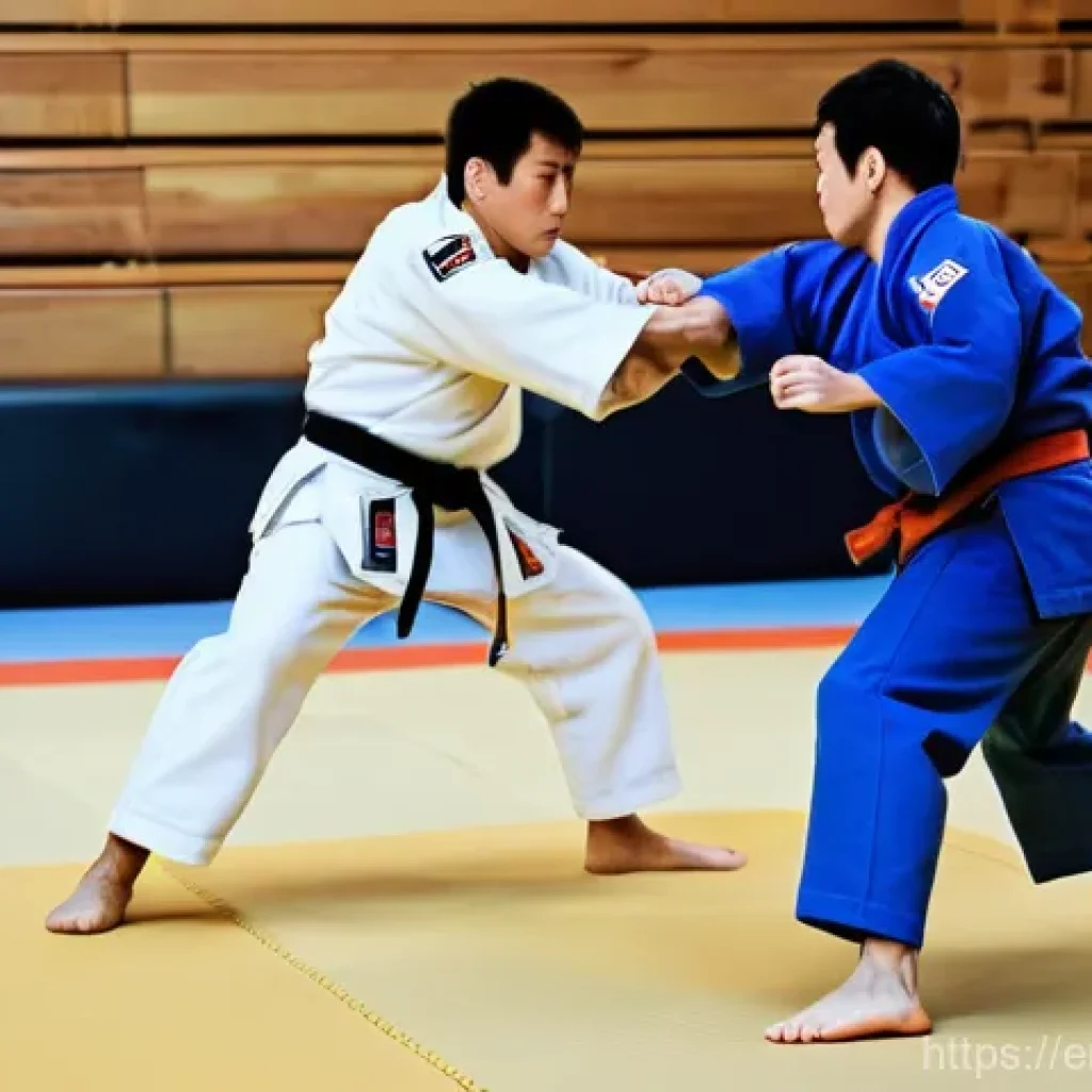 유도와 태권도의 차이점 - **Dynamic Judo Throw in a Traditional Dojo**
    An intricately detailed, realistic photograph of tw...