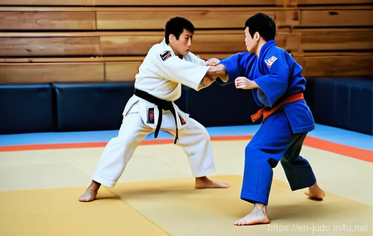 유도와 태권도의 차이점 - **Dynamic Judo Throw in a Traditional Dojo**
An intricately detailed, realistic photograph of tw...