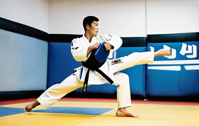 유도와 태권도의 차이점 - **Dynamic Judo Throw in a Traditional Dojo**
    An intricately detailed, realistic photograph of tw...
