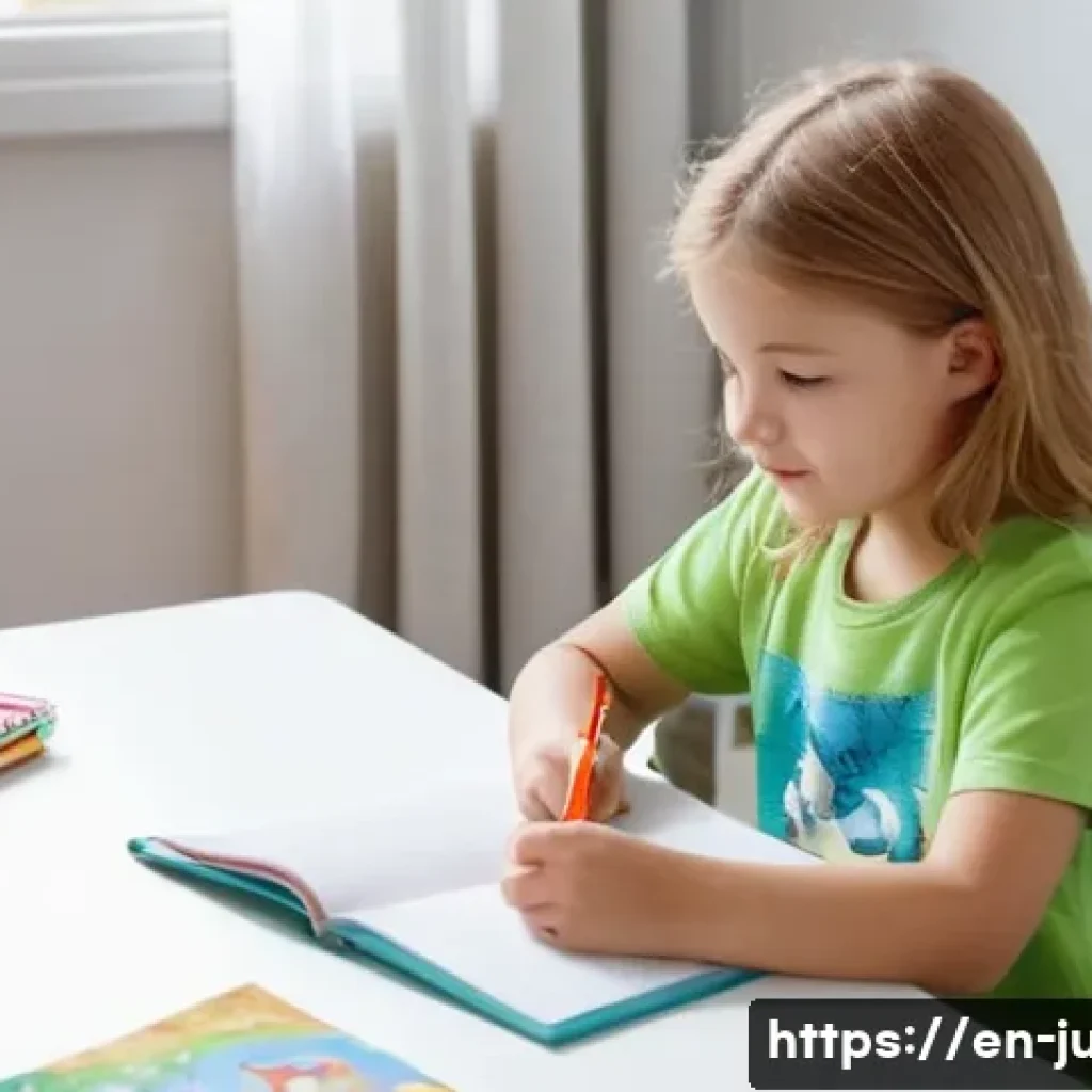 유도 연령 제한 규칙 - **A young girl (approximately 7 years old) sitting at a desk, drawing in a brightly colored sketchbo...