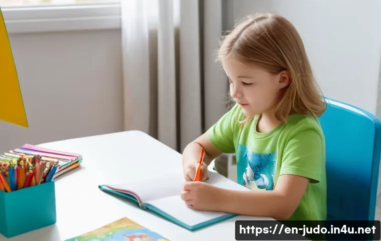 유도 연령 제한 규칙 - **A young girl (approximately 7 years old) sitting at a desk, drawing in a brightly colored sketchbo...