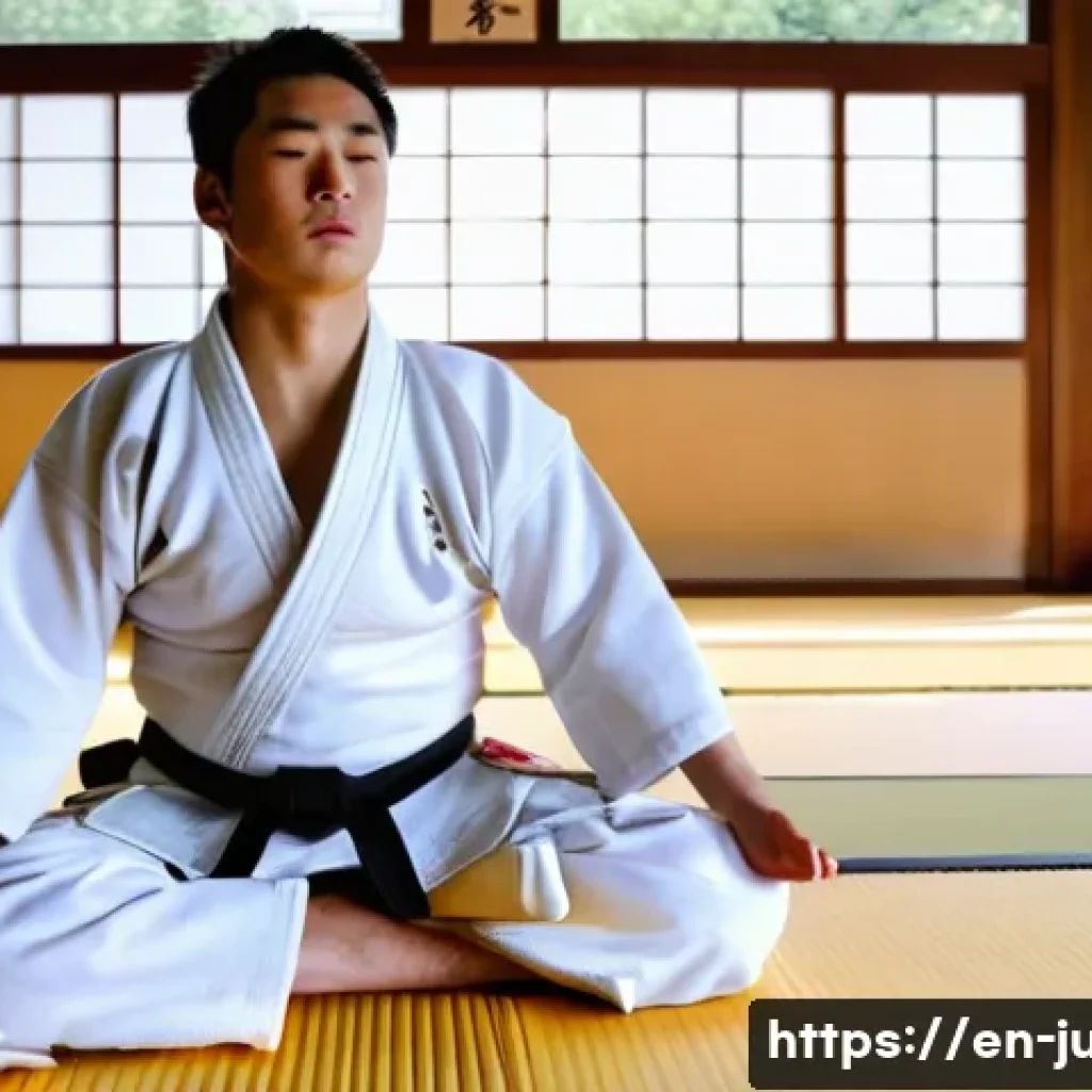 유도 훈련 중 호흡 관리 - A focused young male judoka wearing a white judogi practicing diaphragmatic breathing during warm-up...