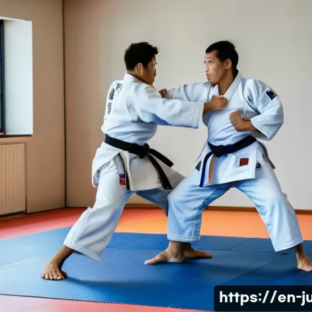 유도 기술 동영상 튜토리얼 - A dynamic judo training scene in a bright dojo with natural light streaming through large windows, f...