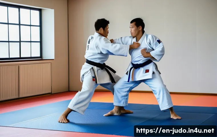 유도 기술 동영상 튜토리얼 - A dynamic judo training scene in a bright dojo with natural light streaming through large windows, f...