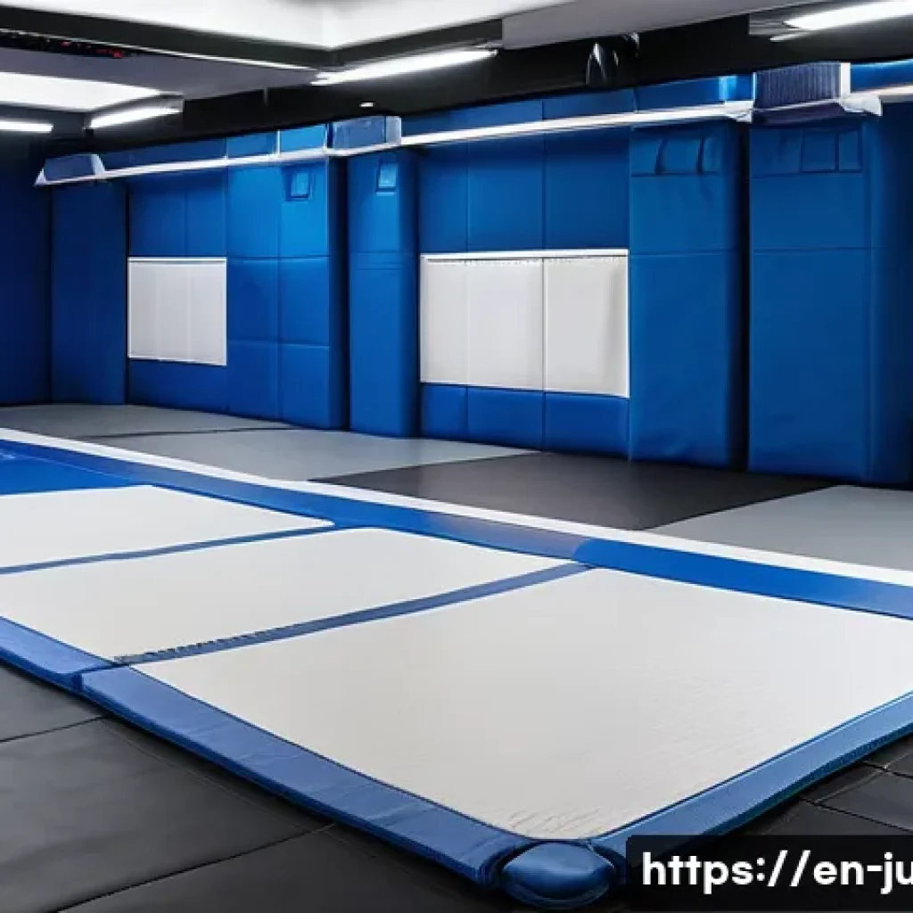 유도 전용 매트 종류 - A high-resolution image of a modern judo dojo interior featuring a large modular judo mat setup comp...