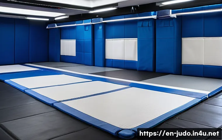 유도 전용 매트 종류 - A high-resolution image of a modern judo dojo interior featuring a large modular judo mat setup comp...