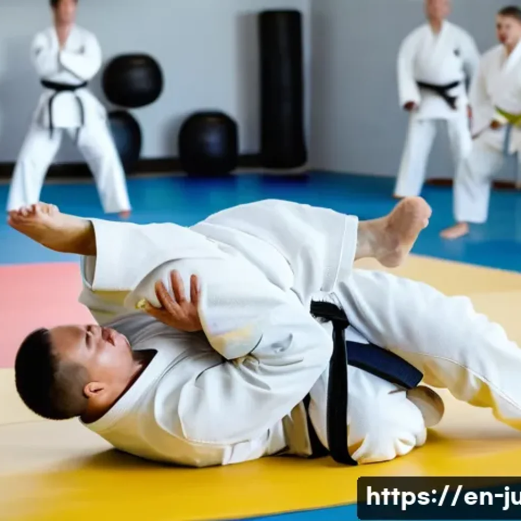 유도와 군대 체력 단련 - A dynamic scene of two adult male judo practitioners in a military training facility, wearing tradit...