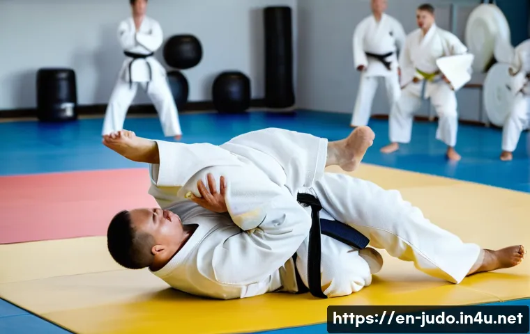유도와 군대 체력 단련 - A dynamic scene of two adult male judo practitioners in a military training facility, wearing tradit...