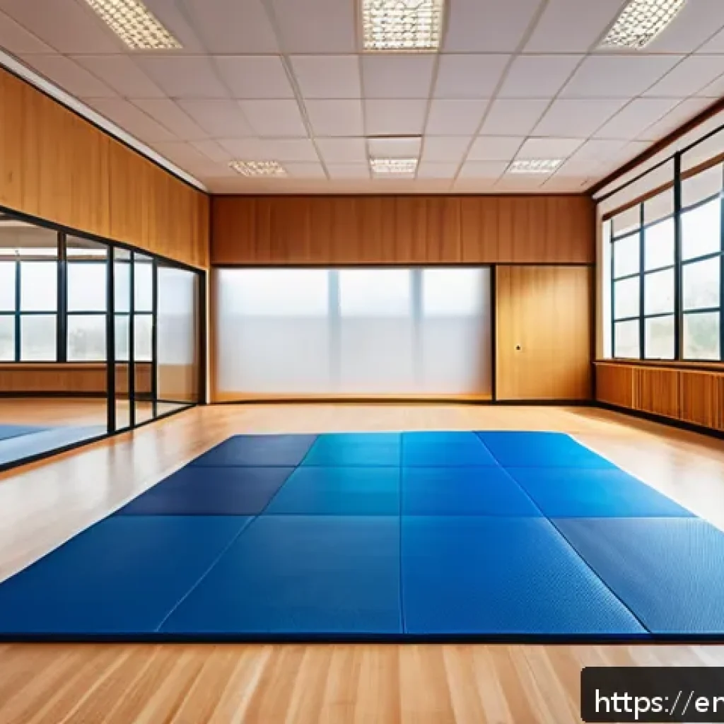 유도 매트 관리 방법 - A bright, clean judo dojo interior featuring neatly rolled judo mats made of EVA foam with a smooth ...