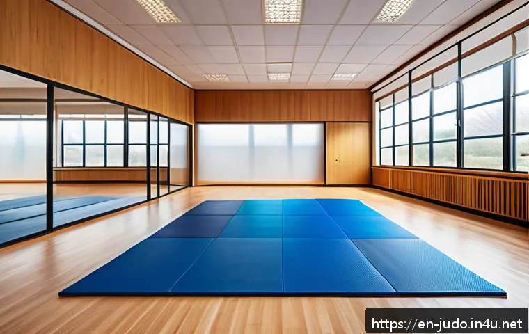 유도 매트 관리 방법 - A bright, clean judo dojo interior featuring neatly rolled judo mats made of EVA foam with a smooth ...