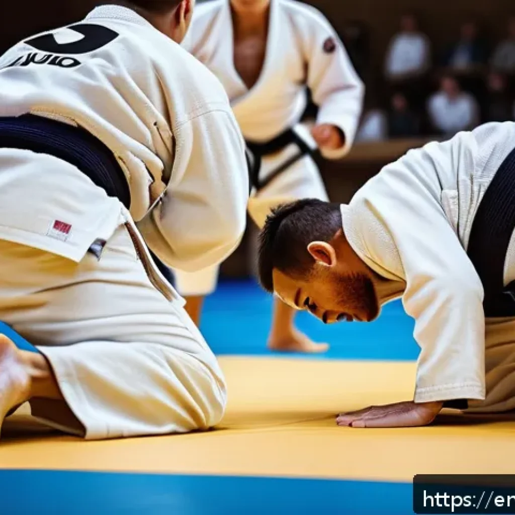 유도 경기 해설자 분석 - A dynamic scene capturing two adult judokas in a high-level judo match inside a modern dojo with woo...