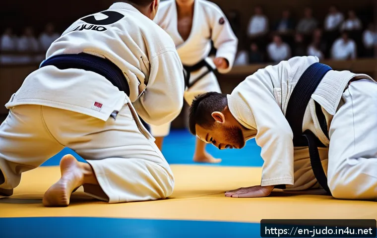 유도 경기 해설자 분석 - A dynamic scene capturing two adult judokas in a high-level judo match inside a modern dojo with woo...