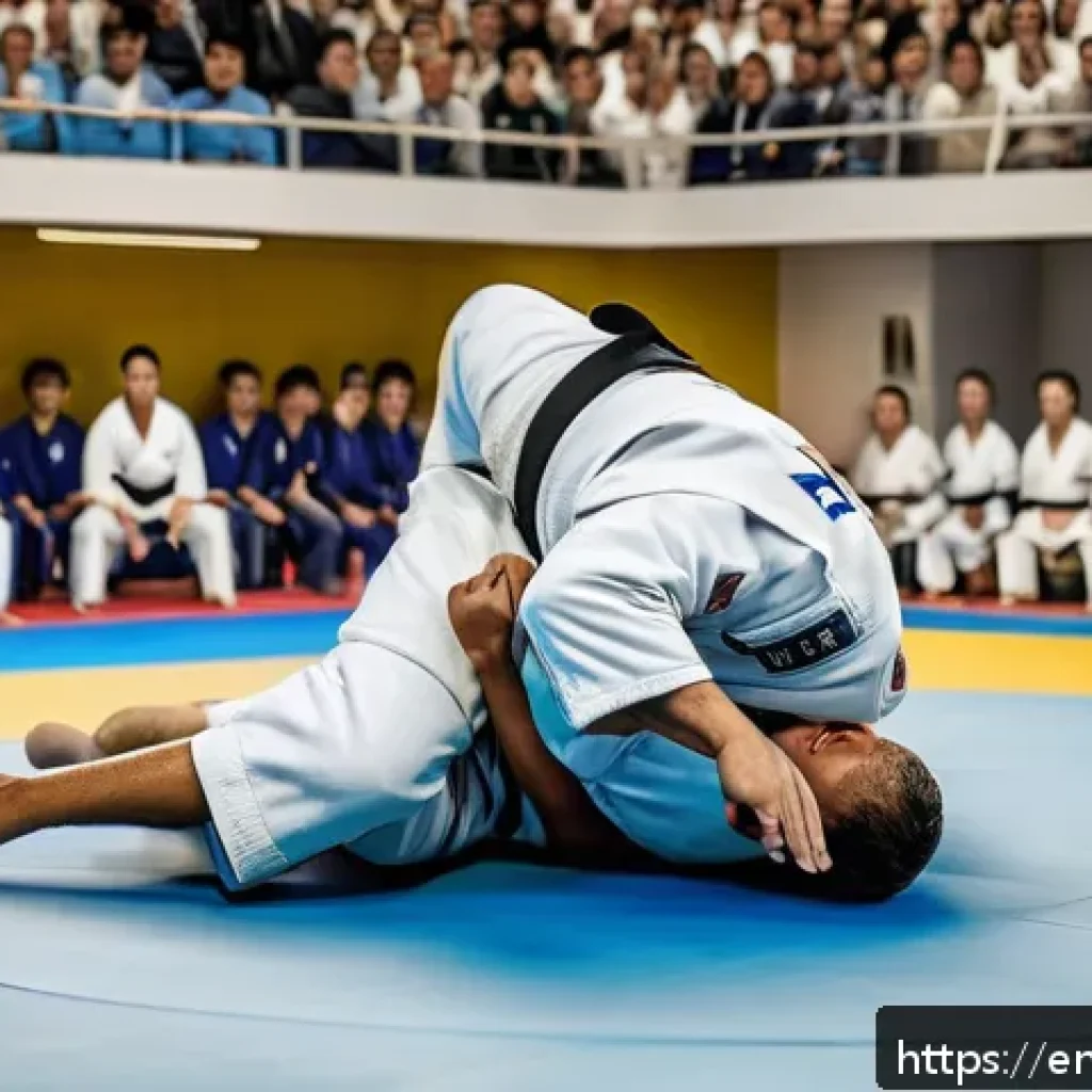 유도 경기 심판 기준 - A dynamic judo competition scene showing two adult judoka athletes in traditional white judogi with ...