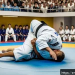 유도 경기 심판 기준 - A dynamic judo competition scene showing two adult judoka athletes in traditional white judogi with ...
