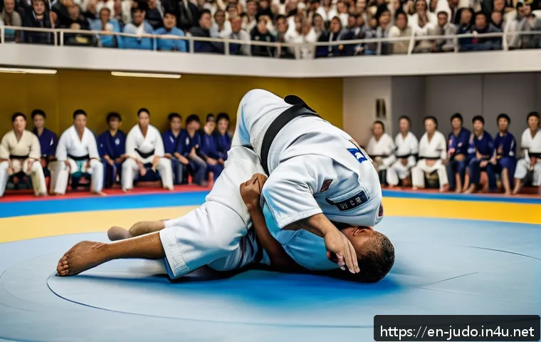 유도 경기 심판 기준 - A dynamic judo competition scene showing two adult judoka athletes in traditional white judogi with ...