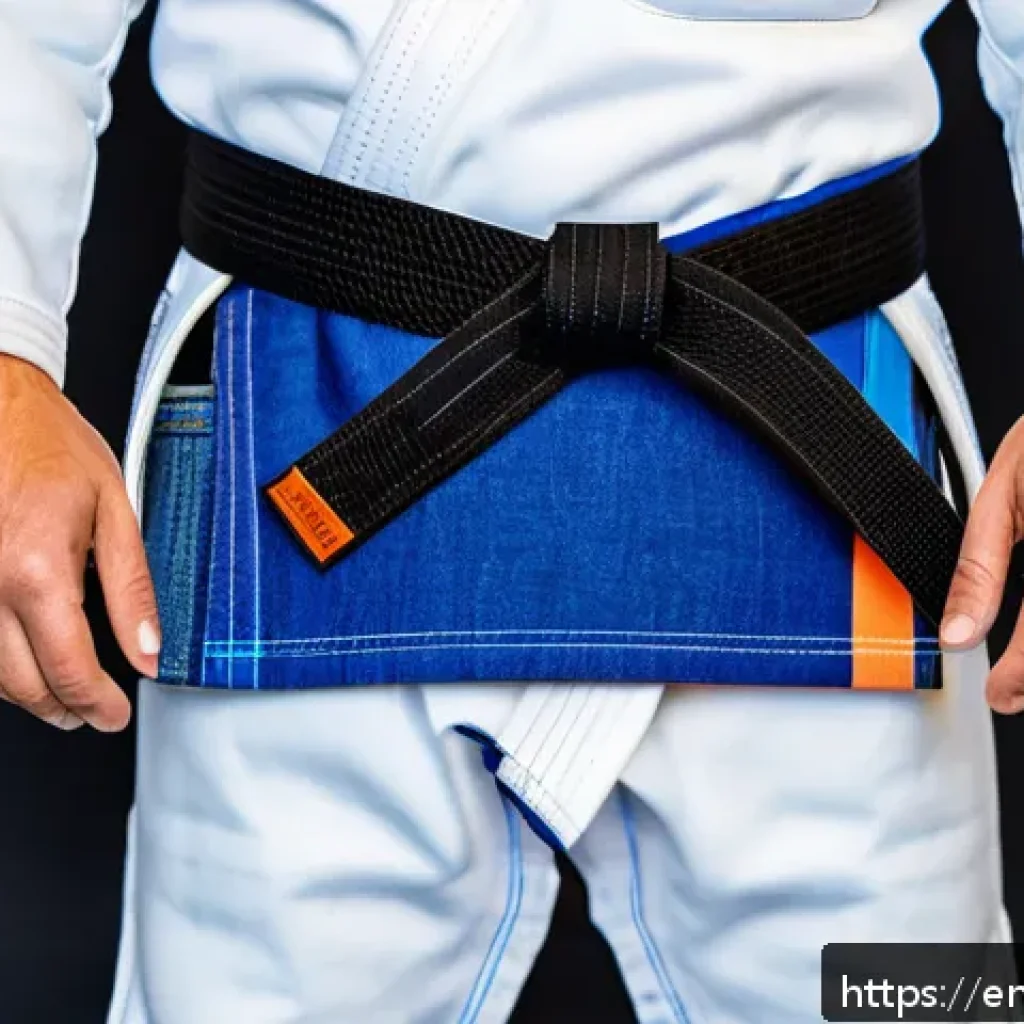 유도 도복 리폼 방법 - A close-up image of a judo gi featuring creative patchwork with mixed fabrics, highlighting denim an...