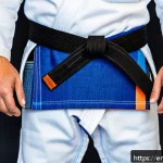 유도 도복 리폼 방법 - A close-up image of a judo gi featuring creative patchwork with mixed fabrics, highlighting denim an...