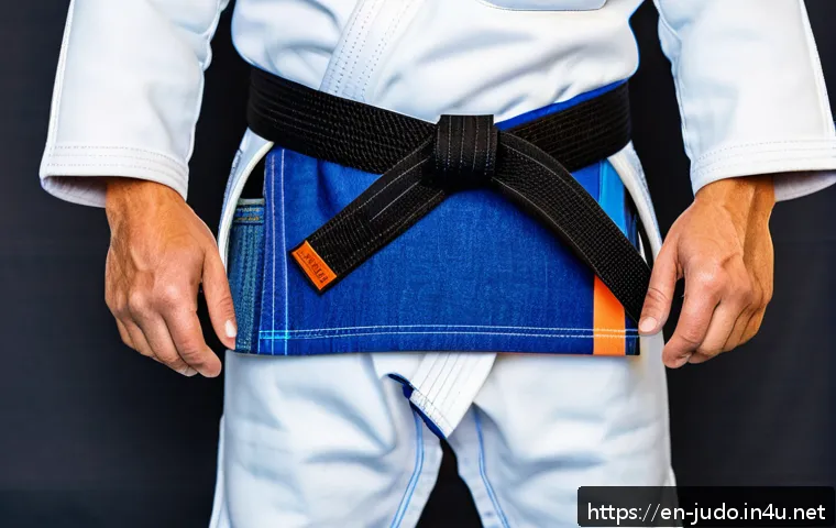 유도 도복 리폼 방법 - A close-up image of a judo gi featuring creative patchwork with mixed fabrics, highlighting denim an...