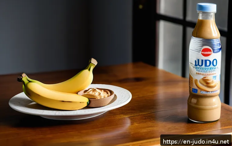 유도 훈련 시 필요한 간식 - A vibrant, high-resolution image of a balanced pre-training snack setup on a wooden kitchen table, f...
