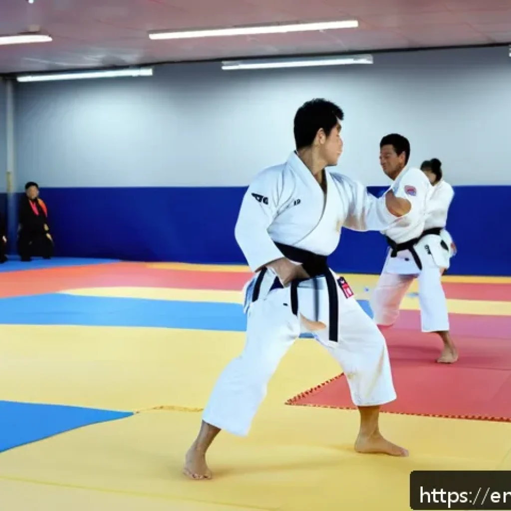 유도 캠프 가성비 비교 - A dynamic judo training scene in a modern dojo with a diverse group of practitioners wearing gi unif...