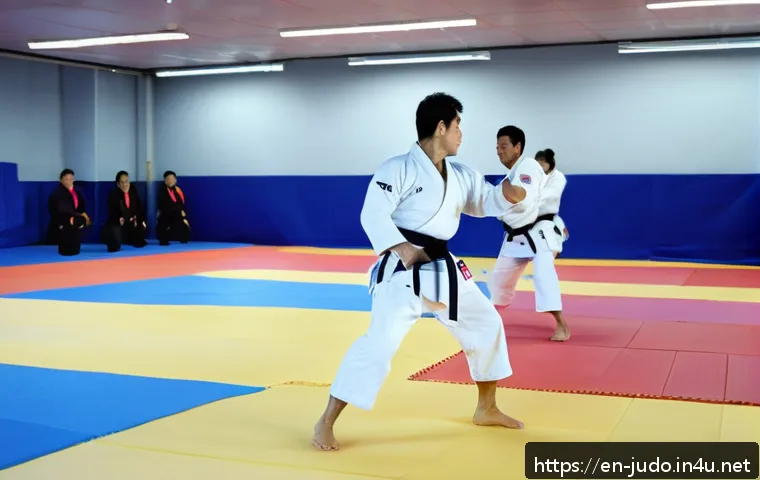 유도 캠프 가성비 비교 - A dynamic judo training scene in a modern dojo with a diverse group of practitioners wearing gi unif...