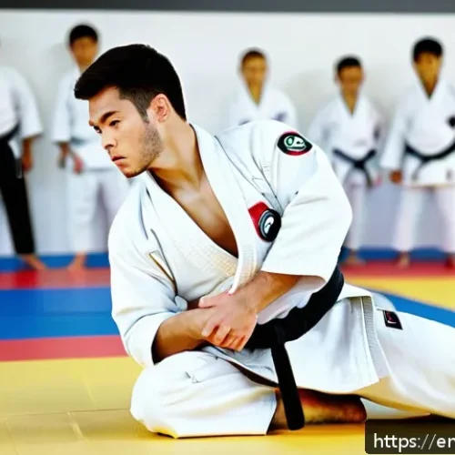 유도 수업 도중 발생 가능한 문제 - A focused young adult male judoka practicing a precise judo throw in a bright, modern dojo. He wears...