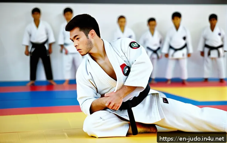 유도 수업 도중 발생 가능한 문제 - A focused young adult male judoka practicing a precise judo throw in a bright, modern dojo. He wears...