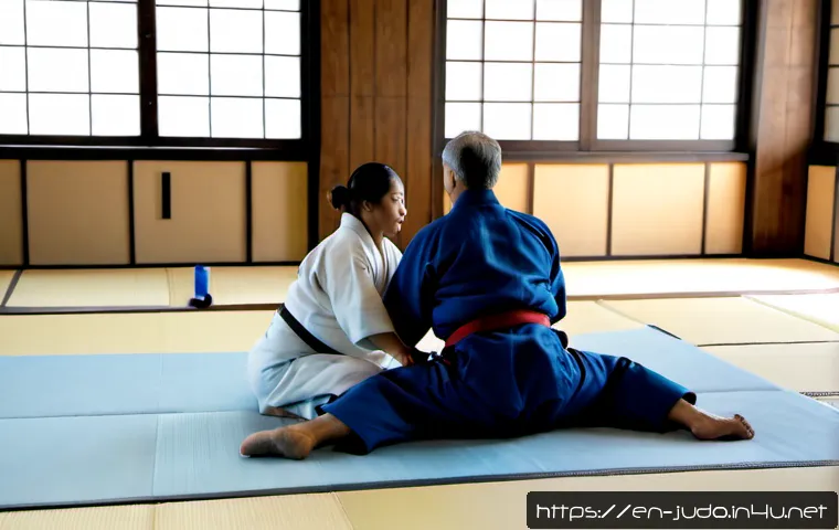 유도와 철학적 사고의 연결 - Photorealistic wide shot of two adult judo practitioners in clean white gis practicing a balanced th...