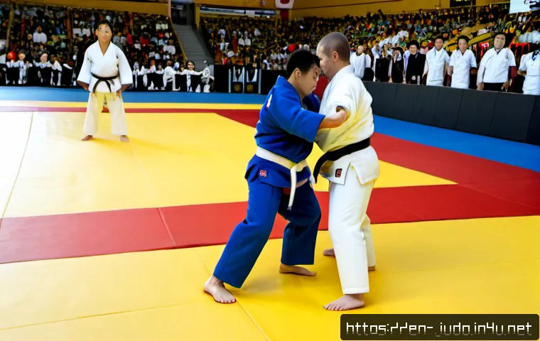 유도 국제 대회 규칙 - Photorealistic international judo championship match inside a modern arena, two adult judoka in clea...