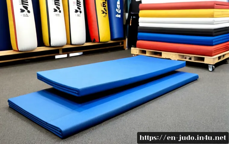 Home 14 유도 연습용 매트 구매 가이드 - Photorealistic home martial arts training room, a thick blue-and-gray interlocking judo practice mat...