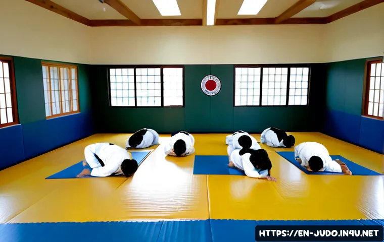 Home 15 유도와 국내 유명 도장 소개 - Photorealistic wide interior of a respected American judo dojo, diverse adult students in clean whit...