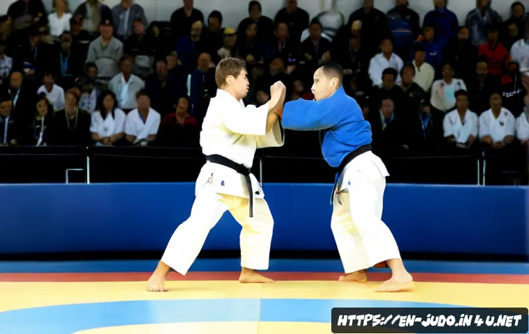 Home 16 유도와 올림픽 정신 - Photorealistic Olympic-style judo match in a bright modern arena, two adult athletes in clean white ...